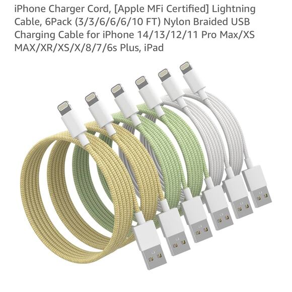 iPhone Charger Cable Lot MFi Certified Lightning Cord 6Pack Nylon Braided USB - Picture 1 of 4